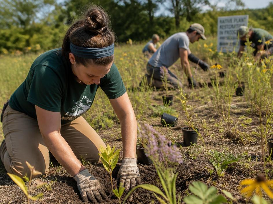 Volunteers planting native grasses during the Moonbeams Preserve restoration